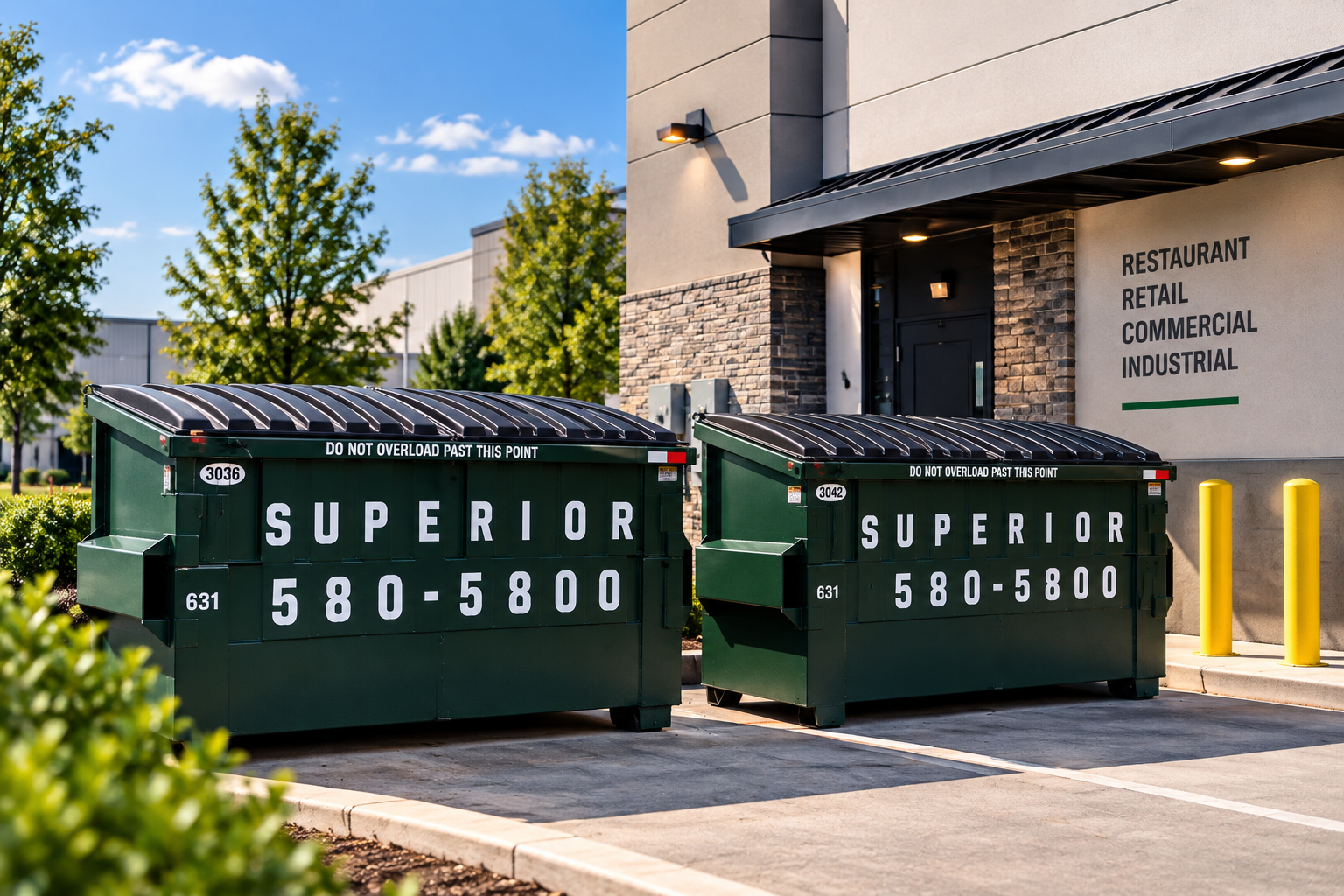 Superior Waste front-load commercial containers outside a Long Island business