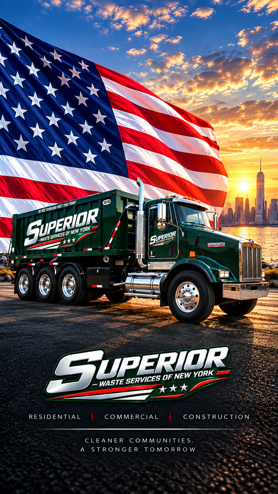 Superior Waste roll-off truck and green container in front of an American flag
