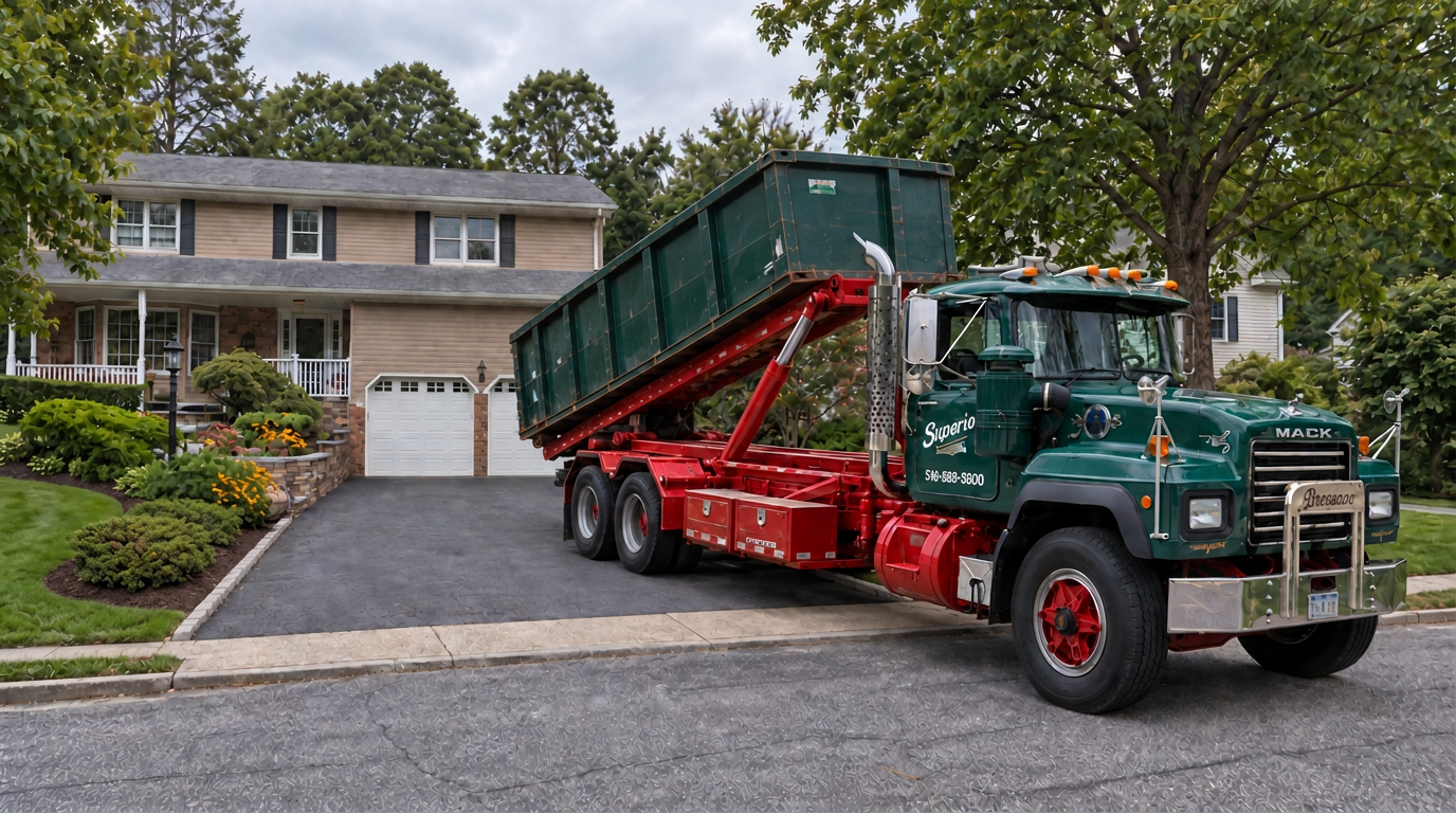 Superior Waste roll-off dumpster in a Long Island home driveway